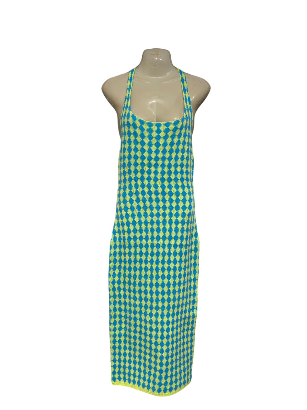 PINK DIAMOND |S| BUST 16| A62| BLUE AND YELLOW ARGYLE-PRINT HALTER TECHNICAL UTILITY MIDI DRESS