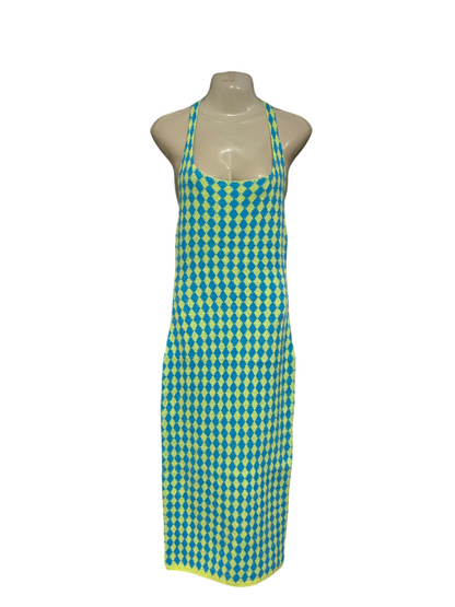 PINK DIAMOND |S| BUST 16| A62| BLUE AND YELLOW ARGYLE-PRINT HALTER TECHNICAL UTILITY MIDI DRESS