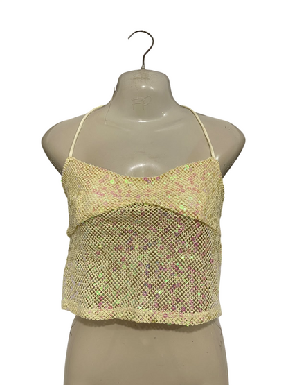 GLASSONS |S| BUST 15| A62| YELLOW SEQUIN MESH HALTER TECHNICAL UTILITY CROP TOP
