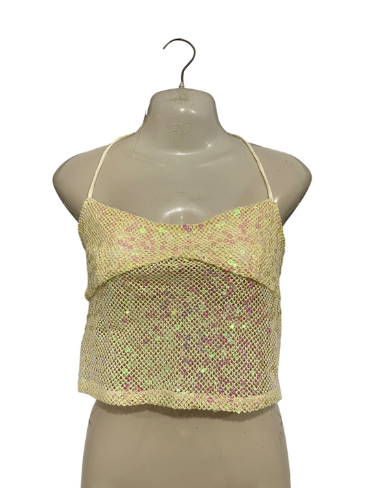 GLASSONS |S| BUST 15| A62| YELLOW SEQUIN MESH HALTER TECHNICAL UTILITY CROP TOP