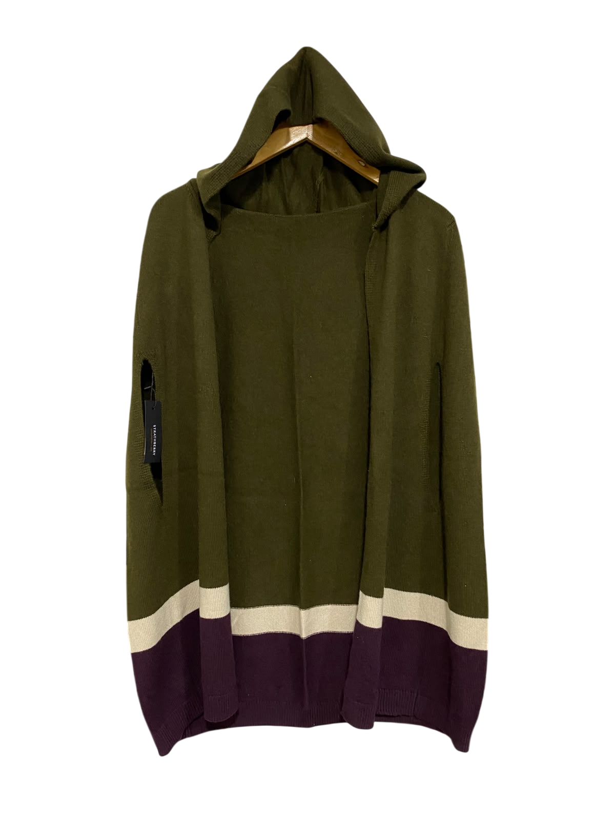 STRATHBERRY |XL| BUST 26| A62| OLIVE, CREAM, AND PURPLE COLORBLOCK HOODED PONCHO TECHNICAL UTILITY CAPE