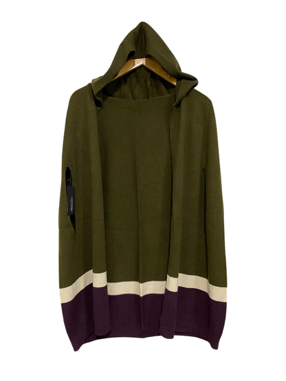 STRATHBERRY |XL| BUST 26| A62| OLIVE, CREAM, AND PURPLE COLORBLOCK HOODED PONCHO TECHNICAL UTILITY CAPE