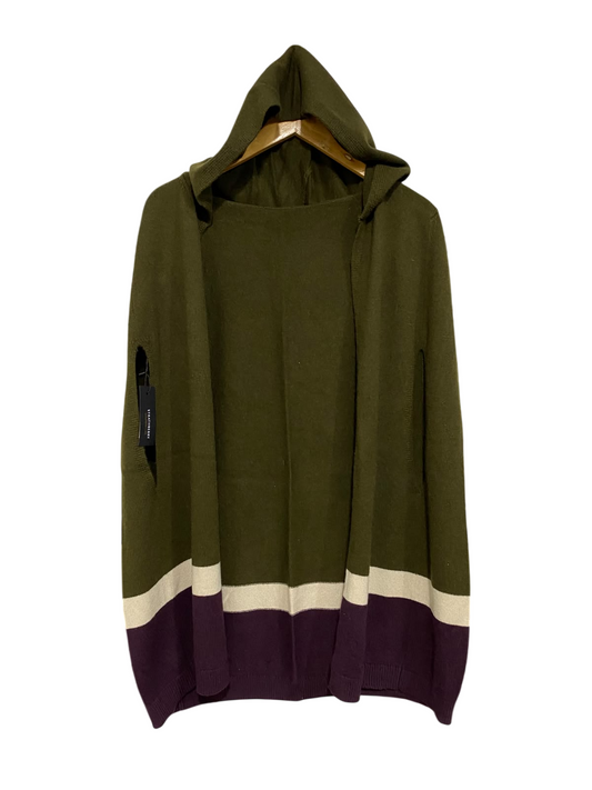 STRATHBERRY |XL| BUST 26| A62| OLIVE, CREAM, AND PURPLE COLORBLOCK HOODED PONCHO TECHNICAL UTILITY CAPE