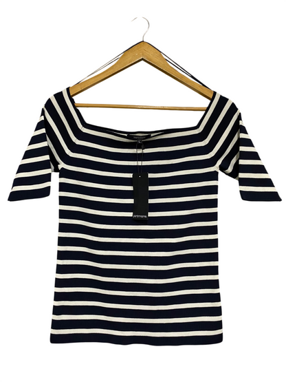 PORTMANS |L| BUST 15| A62| NAVY AND WHITE STRIPED SQUARE-NECK TECHNICAL UTILITY TOP