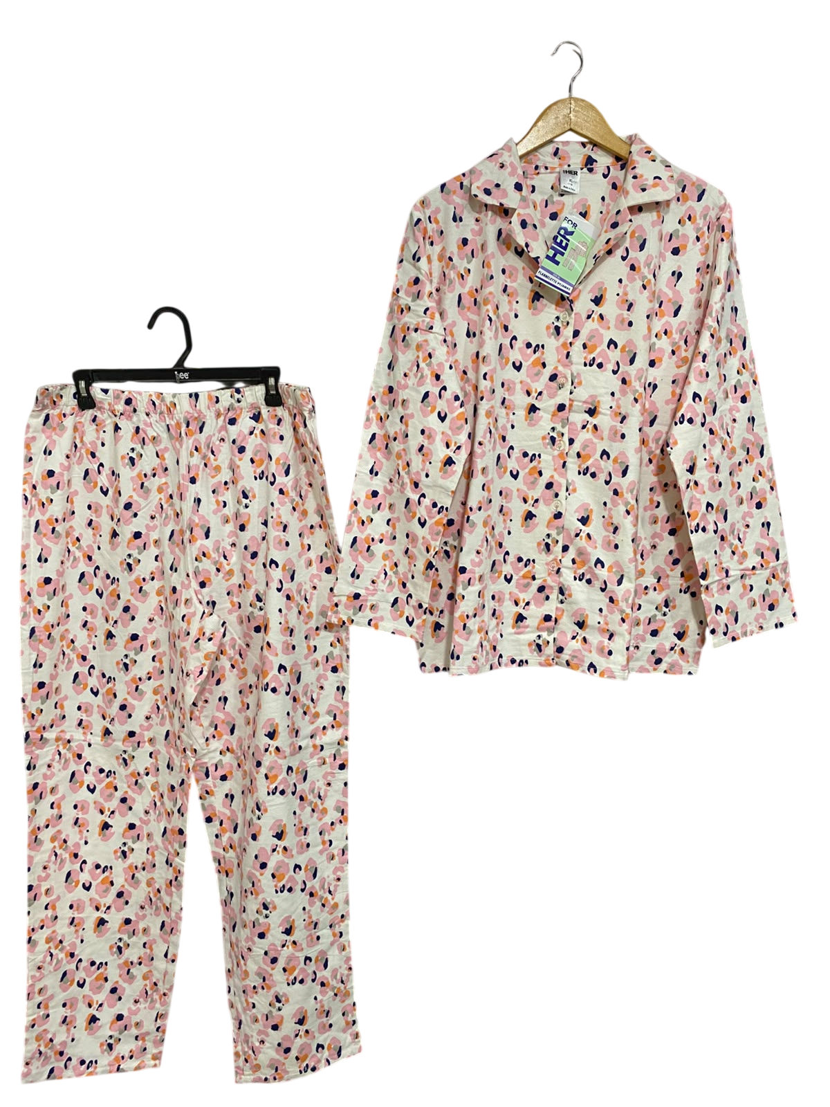 FOR HER |XL| A63| PINK LEOPARD-PRINT LONG-SLEEVE PAJAMA SET TECHNICAL UTILITY LOUNGEWEAR