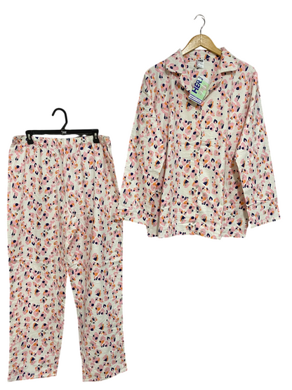 FOR HER |XL| A63| PINK LEOPARD-PRINT LONG-SLEEVE PAJAMA SET TECHNICAL UTILITY LOUNGEWEAR