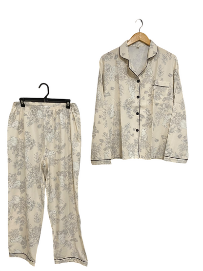 |XL| A63| BEIGE BOTANICAL-PRINT LONG-SLEEVE PAJAMA SET TECHNICAL UTILITY LOUNGEWEAR