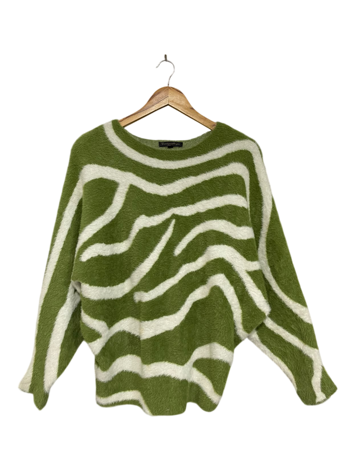 CAROLINE MORGAN |M| BUST 23| A63| GREEN AND WHITE ANIMAL-PRINT FLUFFY KNIT TECHNICAL UTILITY SWEATER
