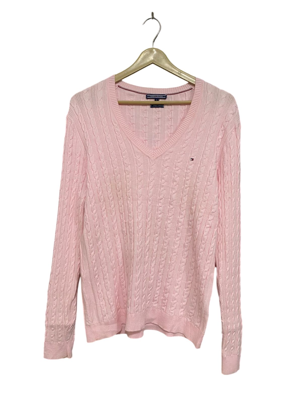 TOMMY HILFIGER |XL| BUST 20| A63| PINK CABLE-KNIT V-NECK TECHNICAL UTILITY SWEATER