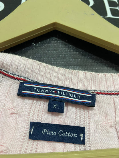 TOMMY HILFIGER |XL| BUST 20| A63| PINK CABLE-KNIT V-NECK TECHNICAL UTILITY SWEATER