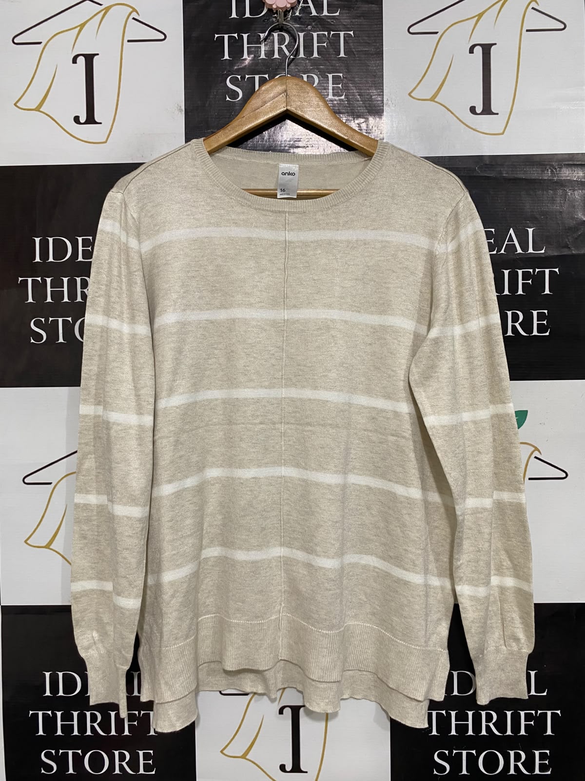 ANKO |L| BUST 22| A63| BEIGE AND WHITE STRIPED KNIT TECHNICAL UTILITY SWEATER