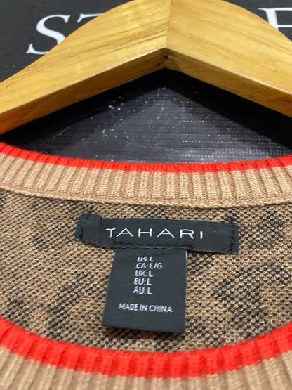 TAHARI |L| BUST 18| A63| BROWN LEOPARD-PRINT KNIT TECHNICAL UTILITY SWEATER