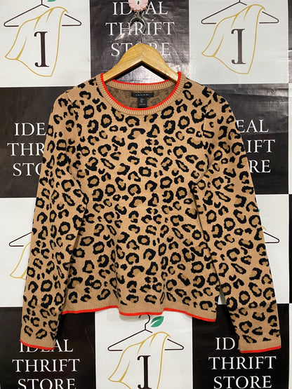 TAHARI |L| BUST 18| A63| BROWN LEOPARD-PRINT KNIT TECHNICAL UTILITY SWEATER