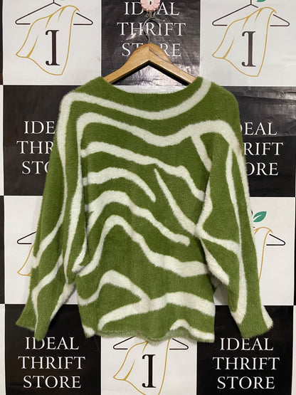 CAROLINE MORGAN |M| BUST 23| A63| GREEN AND WHITE ANIMAL-PRINT FLUFFY KNIT TECHNICAL UTILITY SWEATER