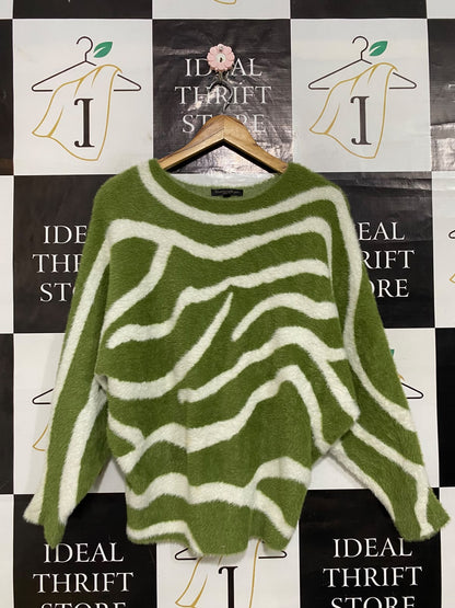 CAROLINE MORGAN |M| BUST 23| A63| GREEN AND WHITE ANIMAL-PRINT FLUFFY KNIT TECHNICAL UTILITY SWEATER