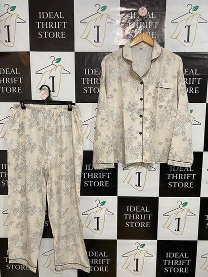 |XL| A63| BEIGE BOTANICAL-PRINT LONG-SLEEVE PAJAMA SET TECHNICAL UTILITY LOUNGEWEAR