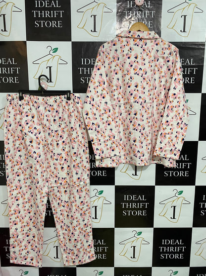 FOR HER |XL| A63| PINK LEOPARD-PRINT LONG-SLEEVE PAJAMA SET TECHNICAL UTILITY LOUNGEWEAR