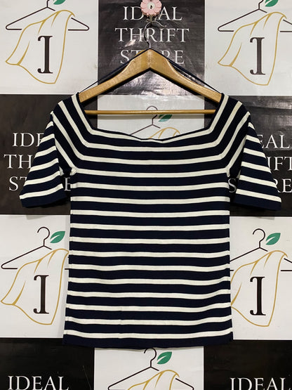 PORTMANS |L| BUST 15| A62| NAVY AND WHITE STRIPED SQUARE-NECK TECHNICAL UTILITY TOP