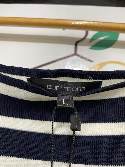 PORTMANS |L| BUST 15| A62| NAVY AND WHITE STRIPED SQUARE-NECK TECHNICAL UTILITY TOP