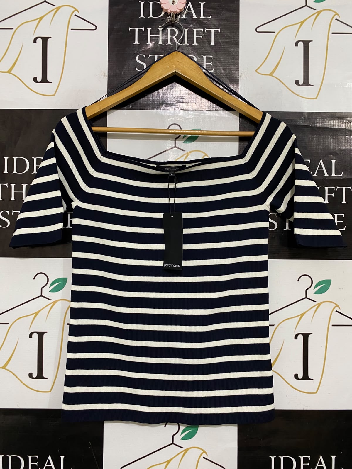 PORTMANS |L| BUST 15| A62| NAVY AND WHITE STRIPED SQUARE-NECK TECHNICAL UTILITY TOP