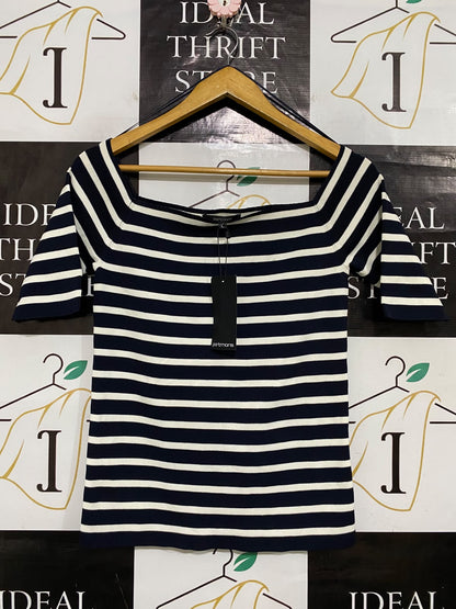 PORTMANS |L| BUST 15| A62| NAVY AND WHITE STRIPED SQUARE-NECK TECHNICAL UTILITY TOP