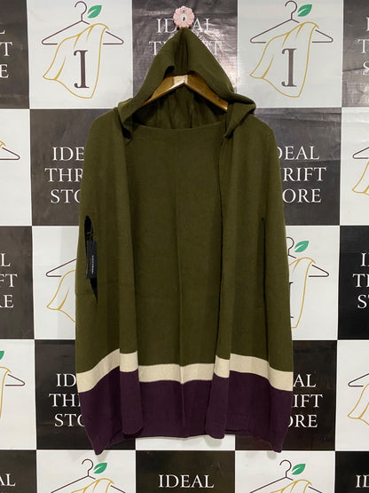 STRATHBERRY |XL| BUST 26| A62| OLIVE, CREAM, AND PURPLE COLORBLOCK HOODED PONCHO TECHNICAL UTILITY CAPE