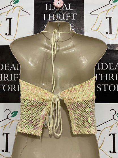 GLASSONS |S| BUST 15| A62| YELLOW SEQUIN MESH HALTER TECHNICAL UTILITY CROP TOP