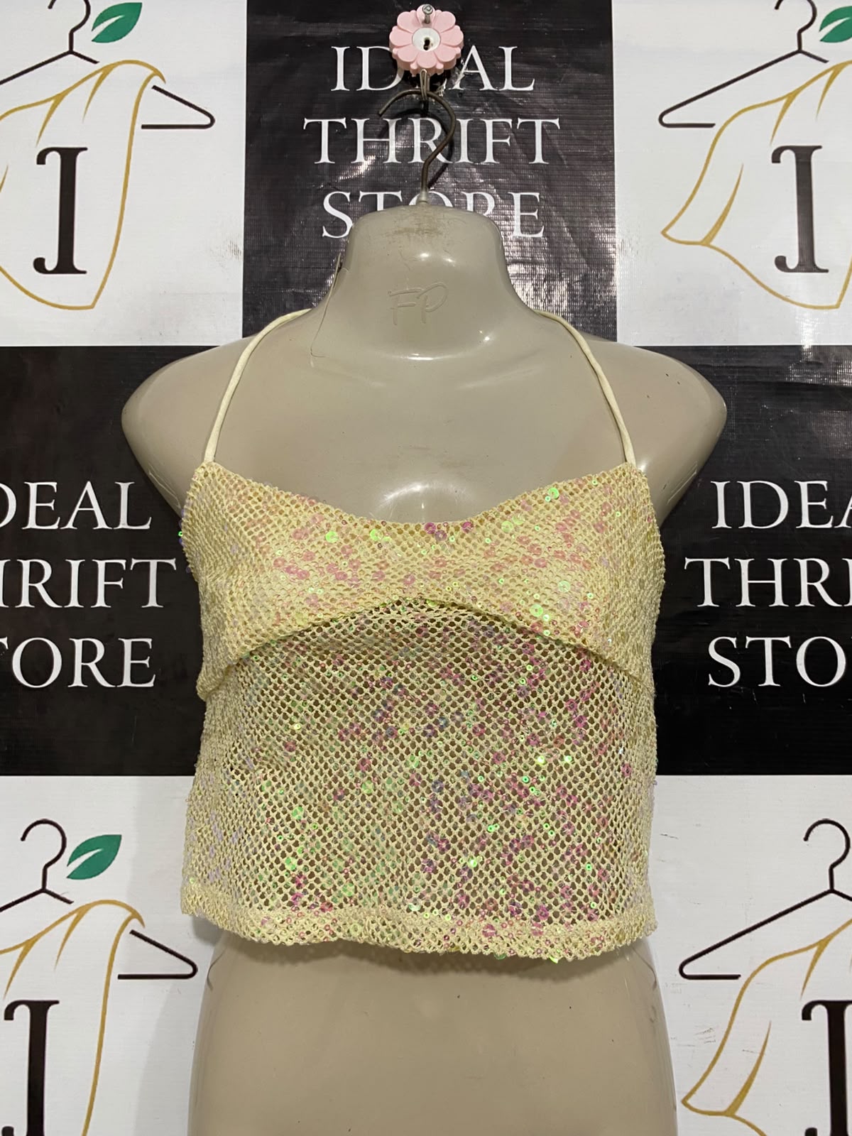 GLASSONS |S| BUST 15| A62| YELLOW SEQUIN MESH HALTER TECHNICAL UTILITY CROP TOP