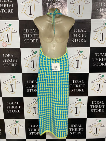 PINK DIAMOND |S| BUST 16| A62| BLUE AND YELLOW ARGYLE-PRINT HALTER TECHNICAL UTILITY MIDI DRESS