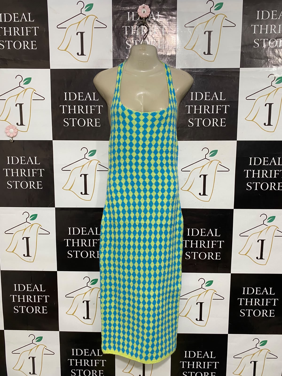 PINK DIAMOND |S| BUST 16| A62| BLUE AND YELLOW ARGYLE-PRINT HALTER TECHNICAL UTILITY MIDI DRESS