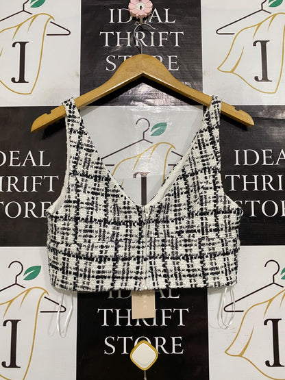 KEEPSAKE |M| BUST 16| A62| BLACK AND WHITE TWEED V-NECK TECHNICAL UTILITY CROP TOP