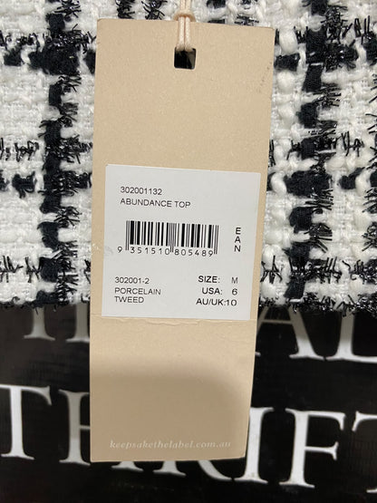 KEEPSAKE |M| BUST 16| A62| BLACK AND WHITE TWEED V-NECK TECHNICAL UTILITY CROP TOP