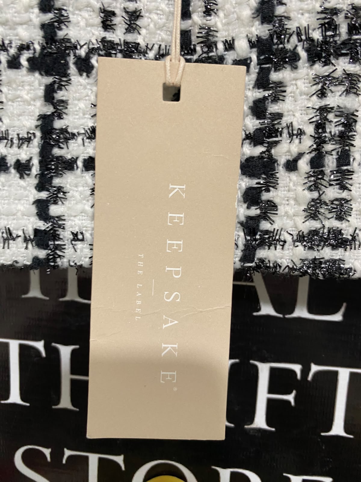 KEEPSAKE |M| BUST 16| A62| BLACK AND WHITE TWEED V-NECK TECHNICAL UTILITY CROP TOP
