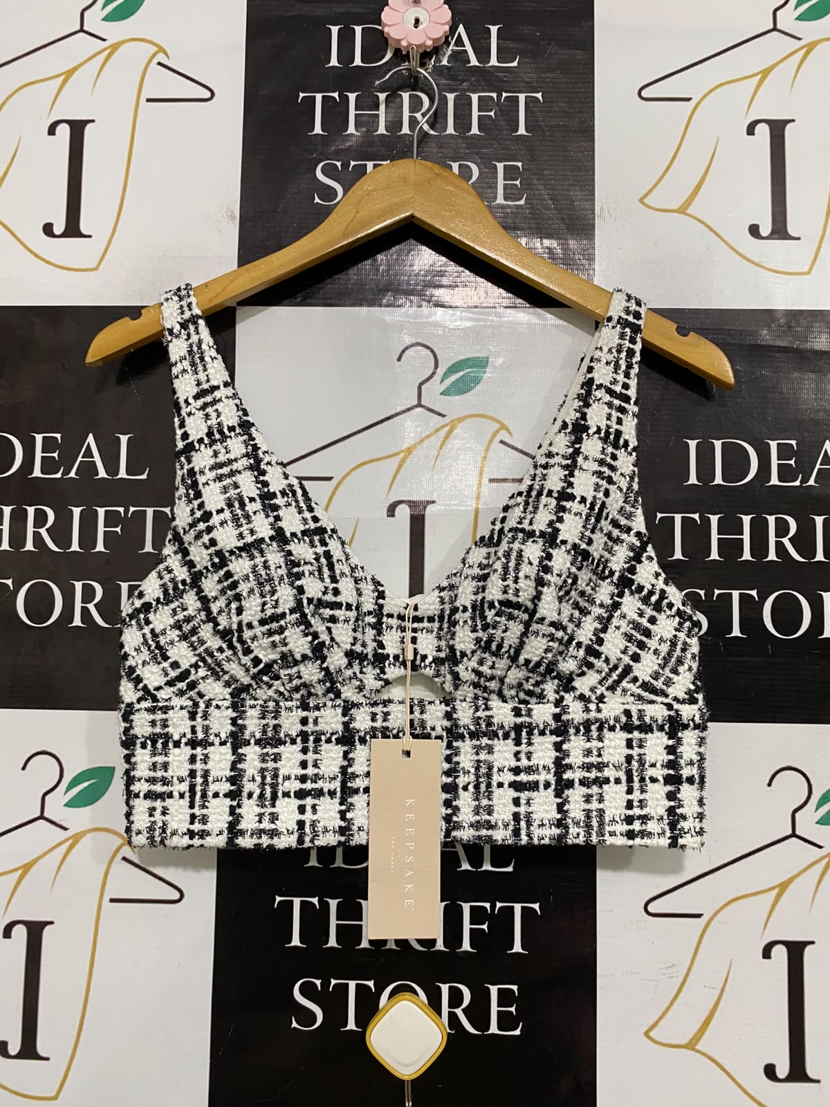 KEEPSAKE |M| BUST 16| A62| BLACK AND WHITE TWEED V-NECK TECHNICAL UTILITY CROP TOP