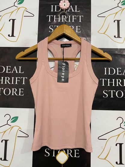 FLOREYA |XS| BUST 13| A62| DUSTY PINK RIBBED RACERBACK TECHNICAL UTILITY TANK TOP