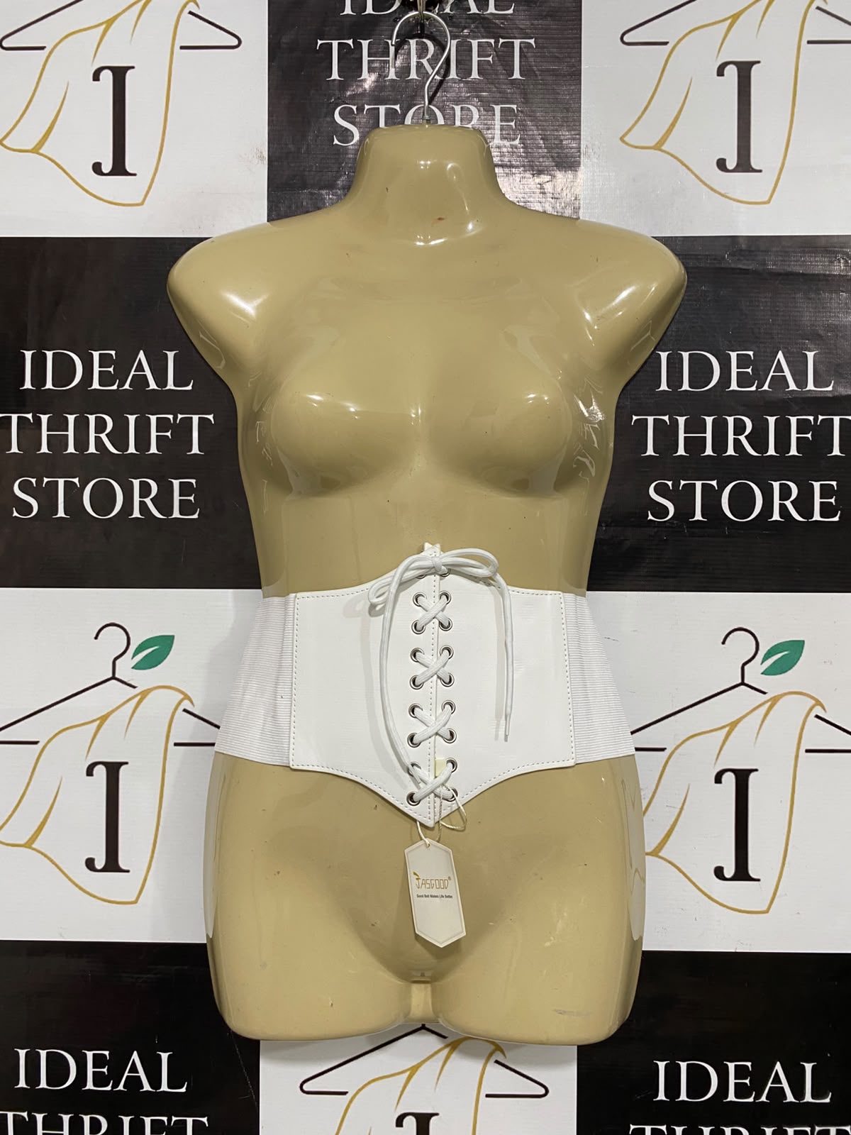 JASGOOD |S| BUST 15| A62| WHITE FAUX-LEATHER LACE-UP TECHNICAL UTILITY CORSET BELT