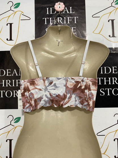 DANSKIN |XL| BUST 17| A62| BROWN AND WHITE FLORAL SCALLOPED TECHNICAL UTILITY CROP TOP
