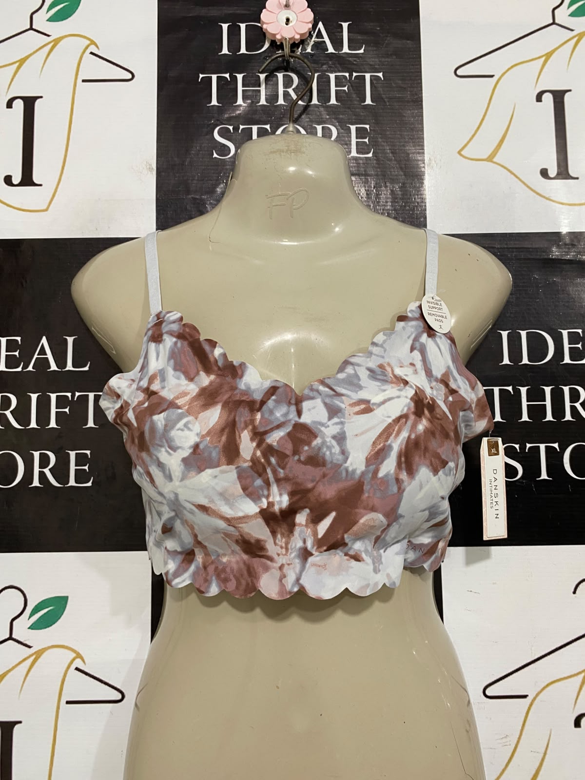 DANSKIN |XL| BUST 17| A62| BROWN AND WHITE FLORAL SCALLOPED TECHNICAL UTILITY CROP TOP