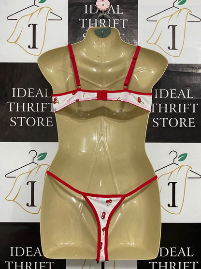 INTIMATES |L| A62| WHITE AND RED CHERRY-PRINT TECHNICAL UTILITY LINGERIE SET