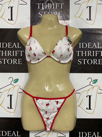 INTIMATES |L| A62| WHITE AND RED CHERRY-PRINT TECHNICAL UTILITY LINGERIE SET
