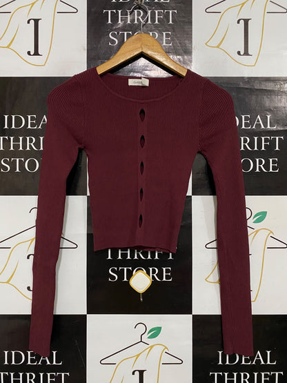 GLASSONS |XS| BUST 11| A62| BURGUNDY RIBBED KEYHOLE-FRONT TECHNICAL UTILITY CROP TOP