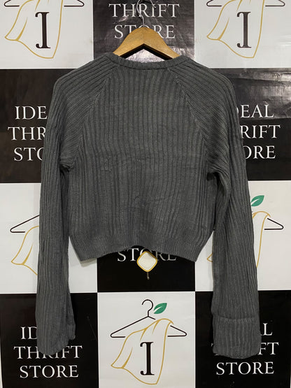 H&M |XS| BUST 18| A62| GREY RIBBED KNIT TECHNICAL UTILITY CROPPED CARDIGAN