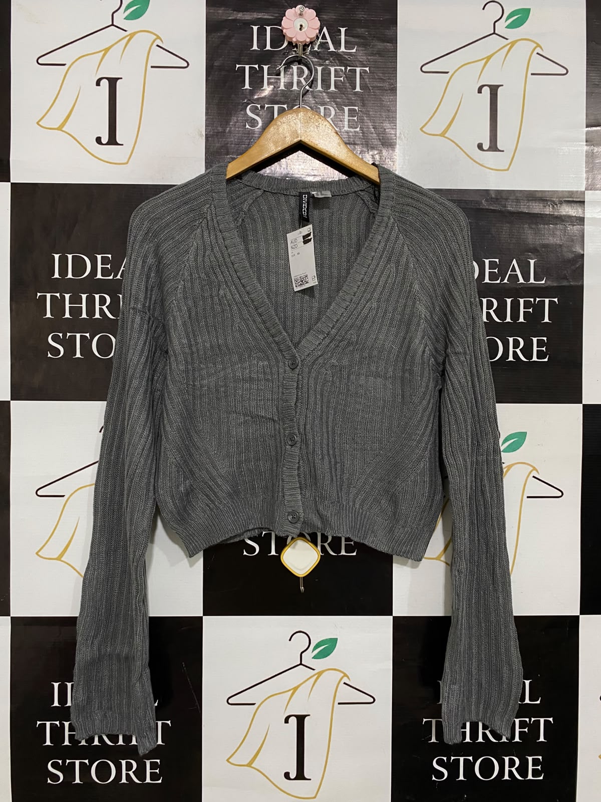 H&M |XS| BUST 18| A62| GREY RIBBED KNIT TECHNICAL UTILITY CROPPED CARDIGAN