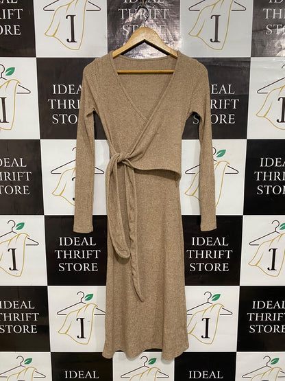 YAOMI |S| BUST 15| A62| TAUPE RIBBED WRAP-FRONT TECHNICAL UTILITY MIDI DRESS