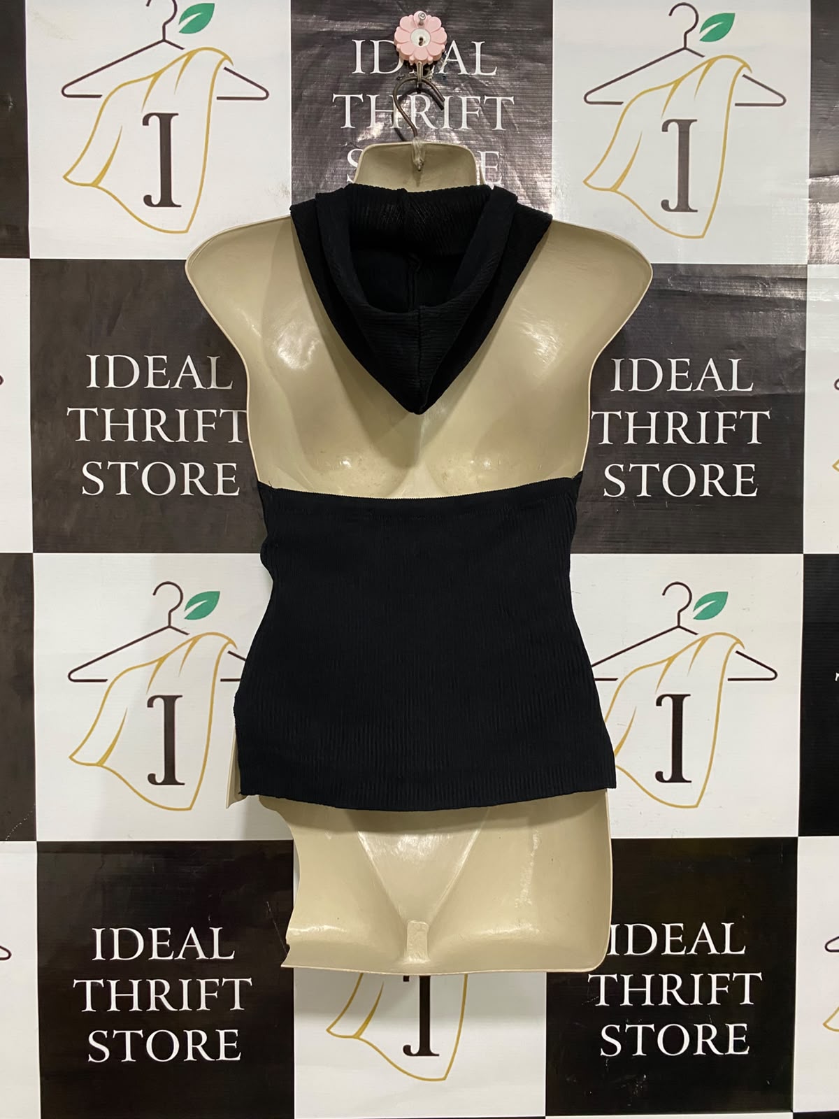 |S| BUST 15| A62| BLACK RIBBED HOODED ZIP-UP TECHNICAL UTILITY HALTER TOP
