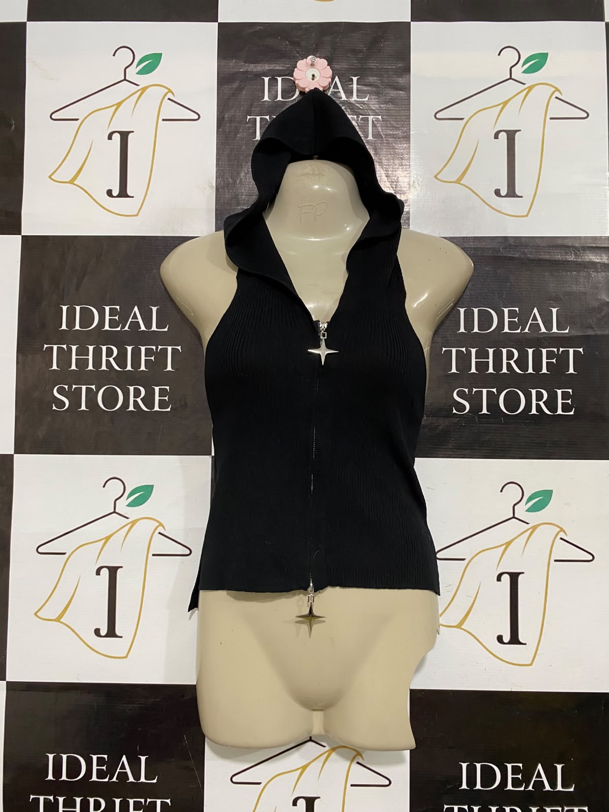 |S| BUST 15| A62| BLACK RIBBED HOODED ZIP-UP TECHNICAL UTILITY HALTER TOP