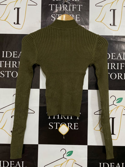 SHEIN MOD |S| BUST 12| A62| OLIVE GREEN RIBBED MOCK-NECK CUTOUT TECHNICAL UTILITY CROP TOP