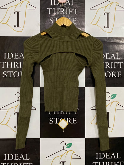 SHEIN MOD |S| BUST 12| A62| OLIVE GREEN RIBBED MOCK-NECK CUTOUT TECHNICAL UTILITY CROP TOP
