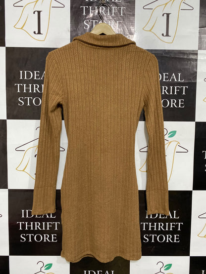 RUMOR |M| BUST 15| A62| CAMEL RIBBED COLLARED CUTOUT TECHNICAL UTILITY MINI DRESS