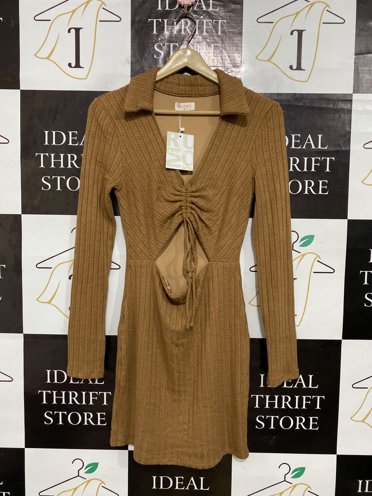 RUMOR |M| BUST 15| A62| CAMEL RIBBED COLLARED CUTOUT TECHNICAL UTILITY MINI DRESS